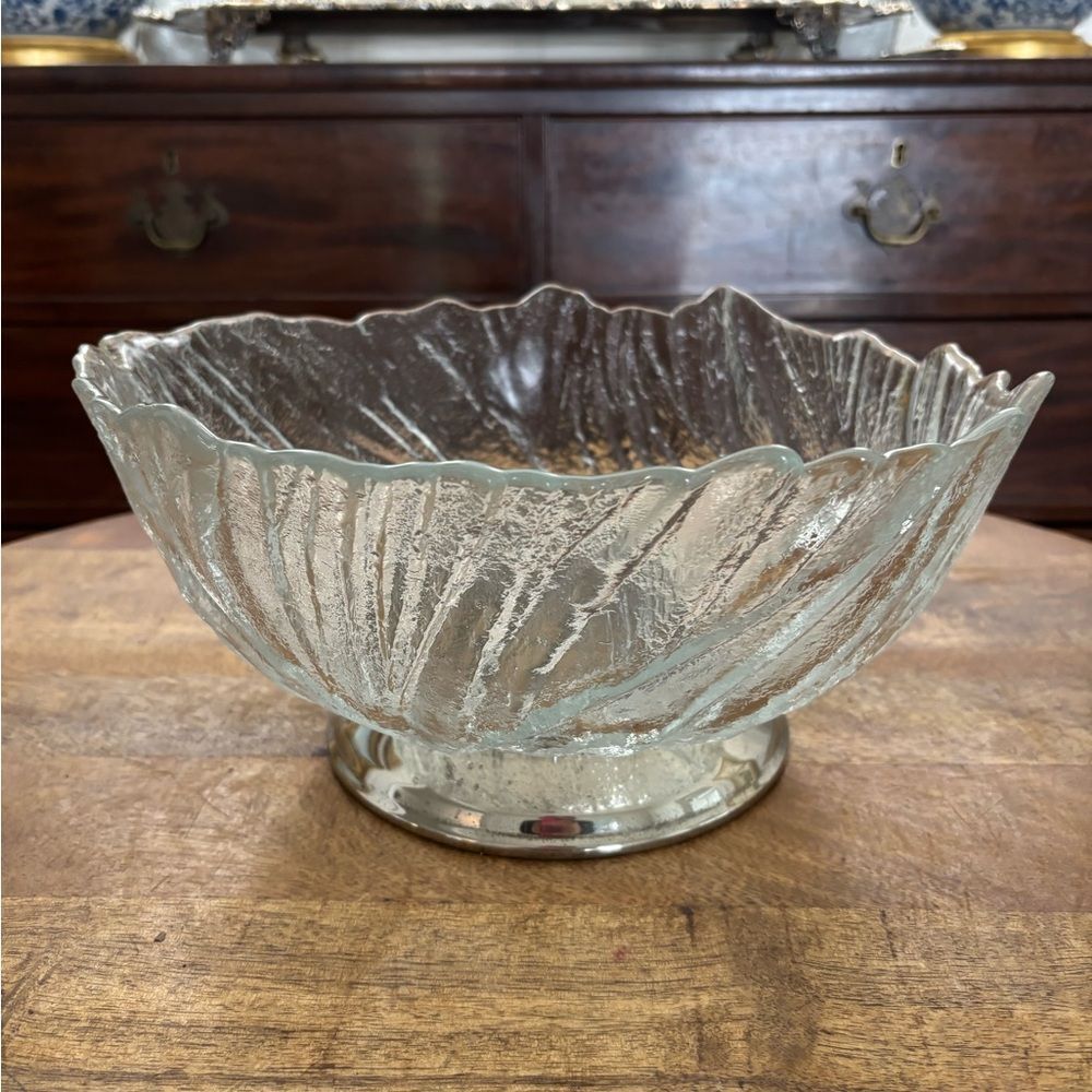 Vintage frosted glass and silverplate footed base mid century salad serving bowl